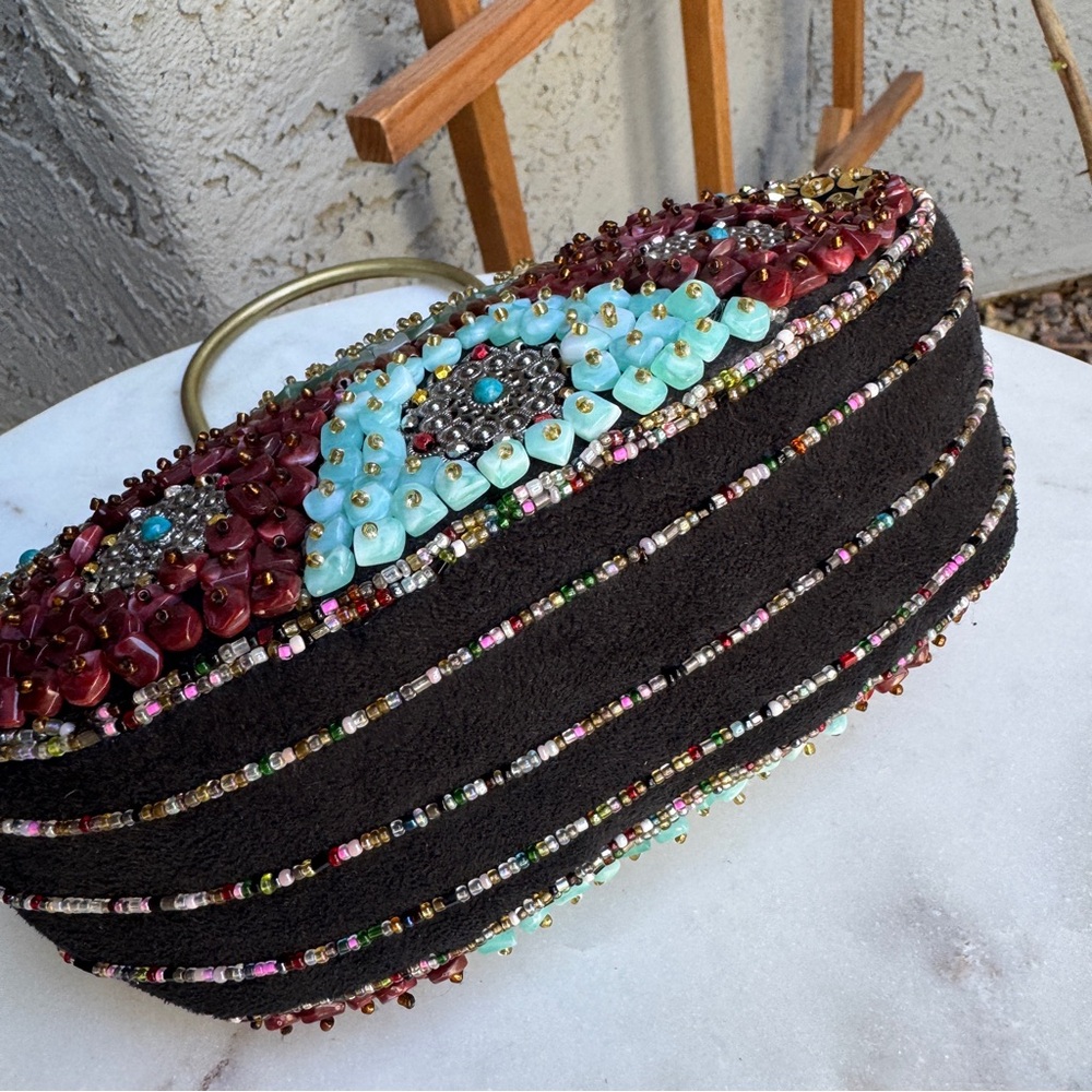 Vintage Handmade 1920s Style Beaded Stone Brass Kisslock Chain Shoulder Bag - Picture 9 of 12
